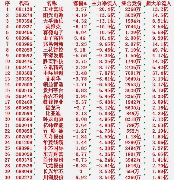 12月31日尾盘30分钟，主力资金大幅卖出的30名单！

工业富联：净流入 -2