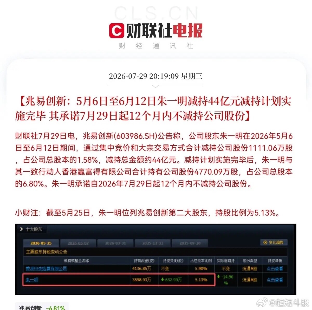 家人们，看完减持公告实在感慨！两家半导体龙头同步披露高管减持落地。兆易创新董事长