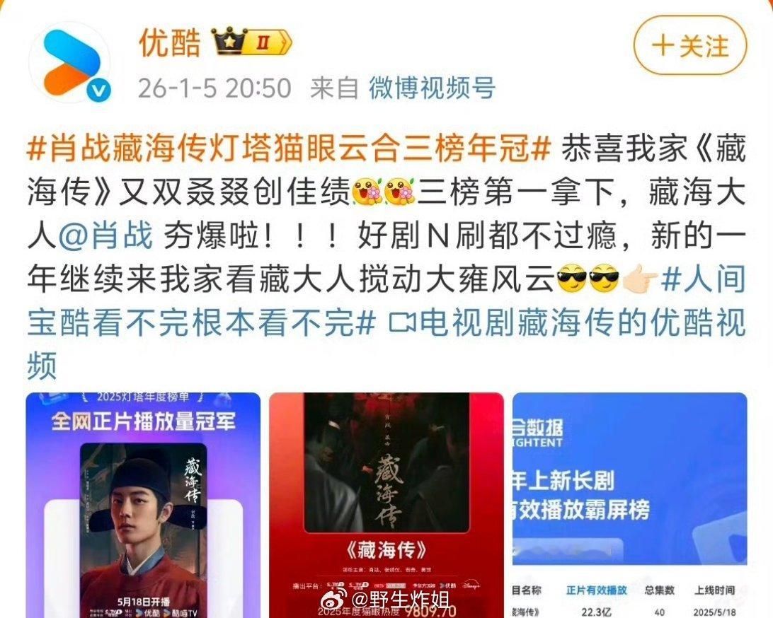 裤裤子又把肖战主演的《藏海传》专门拉出来表扬了，直接占据了灯塔、猫眼、云合三榜年