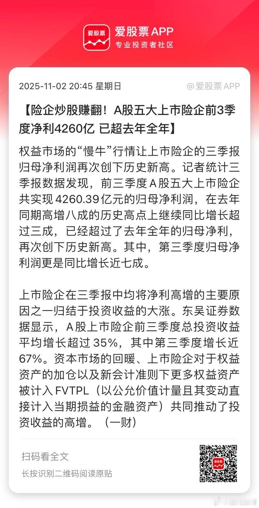 【险企炒股赚翻！A股五大上市险企前3季度净利4260亿 已超去年全年】权益市场的