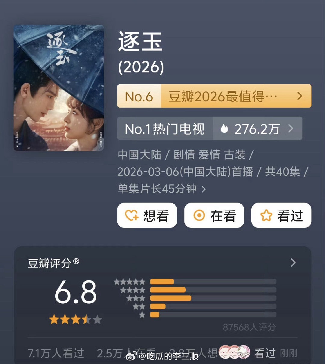 张凌赫、田曦薇《逐玉》开分6.8，八万多人打分 