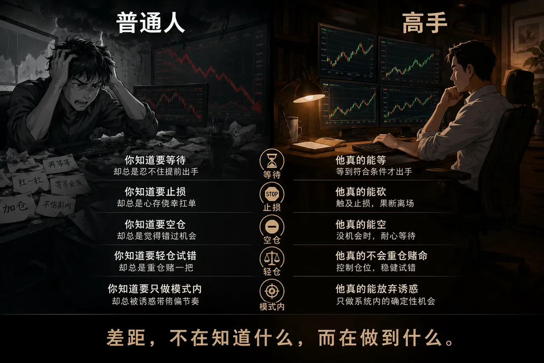 高手和普通人的差距，不是高手知道了你不知道的东西，而是高手能在关键时刻做到你做不