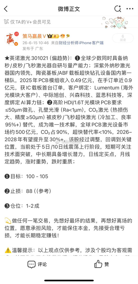 英诺激光301021📈T+1涨幅15.34%，买的少的可考虑止盈 