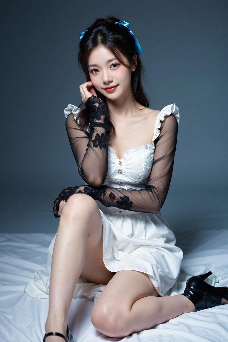 甜美少女风，蓝发蝴蝶结，优雅白裙，梦幻氛围