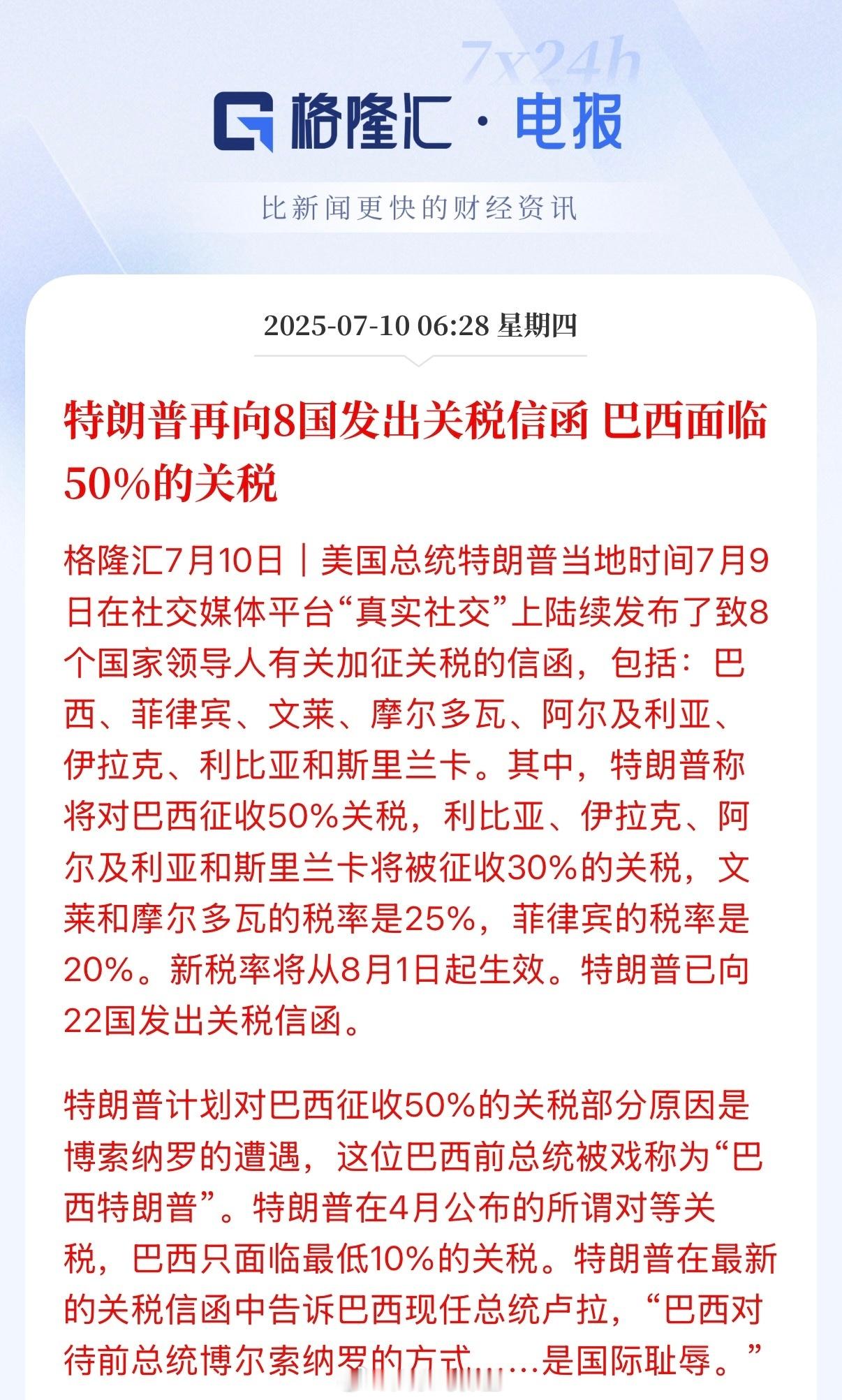 特朗普再向8国发出关税信函，巴西面临50%的关税。 ​​​