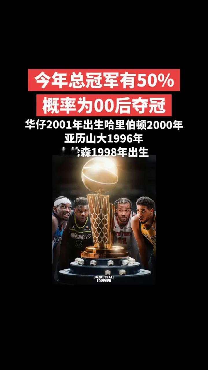 今年总冠军有50%概率为00后夺冠。
华仔2001年出生，哈里伯顿2000年出生