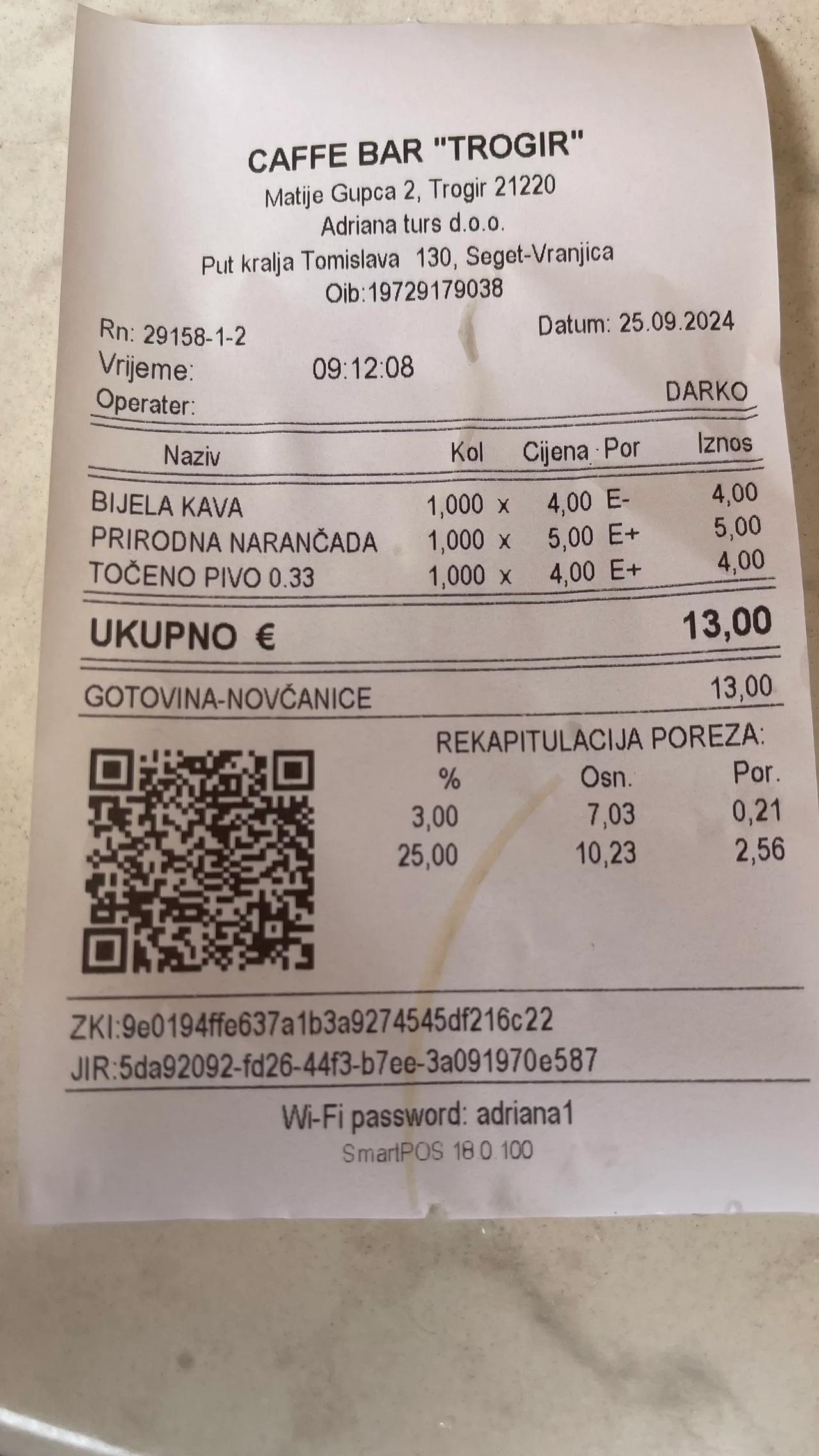 克罗地亚🇭🇷一杯咖啡、一杯啤酒和一杯橙汁加一起13欧（差不多104元）你们觉