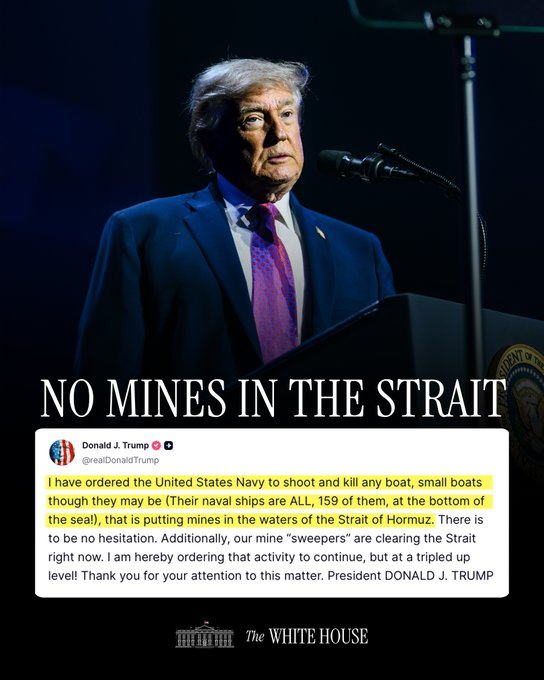 “我已命令美国海军击沉并消灭任何船只，尽管它们可能只是小船（他们的海军舰艇全部，