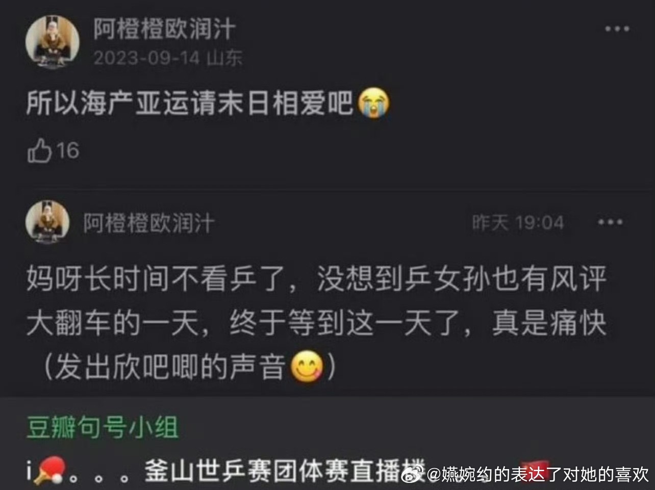任何孙颖莎粉丝不会捆绑海产，提海产的舞海产点进主页都是王曼昱粉丝，下一秒就麻辣孙