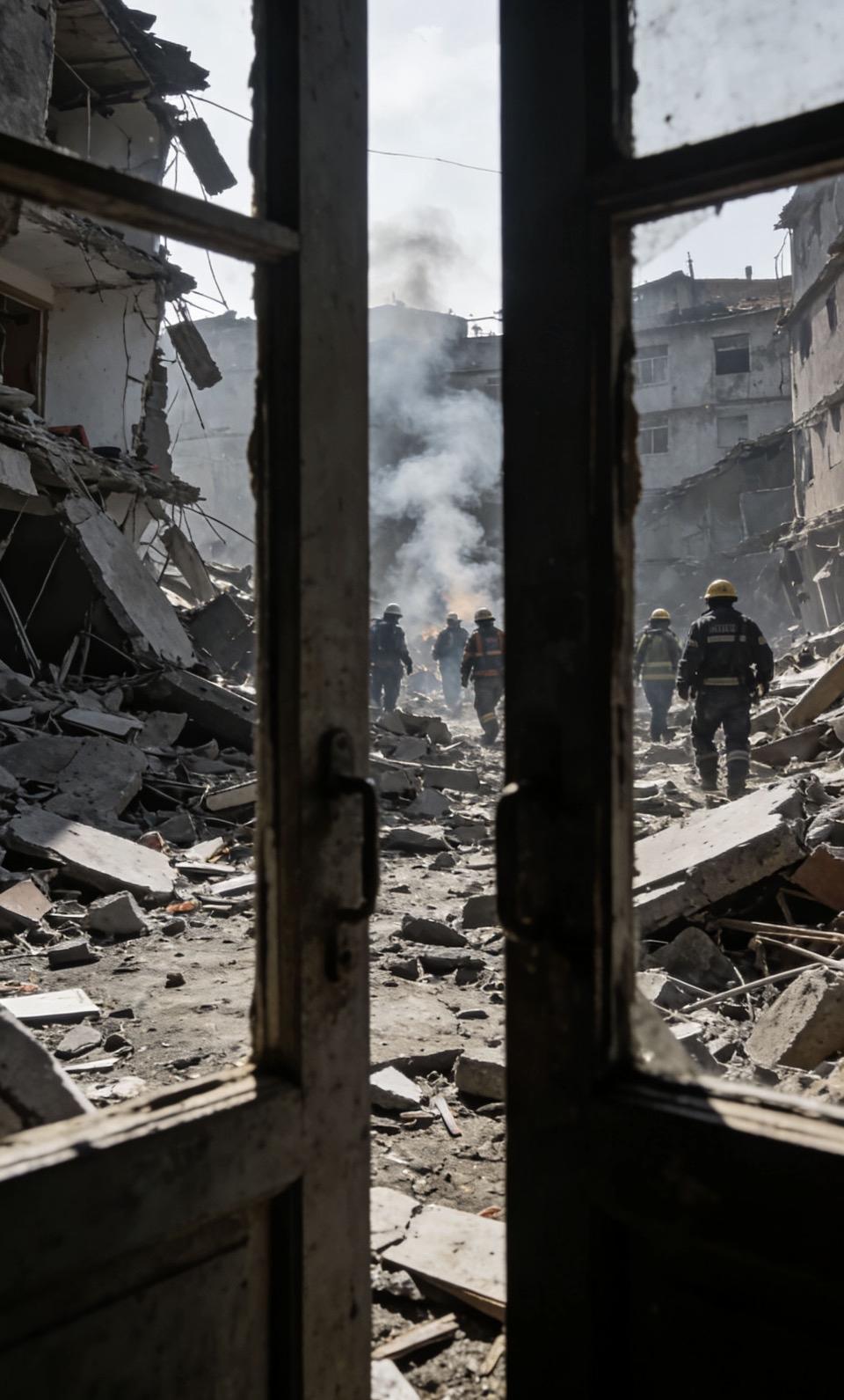 残垣断壁间，英雄勇闯难关。在这残垣断壁之中，尘土飞扬，每一步都扬起厚重的灰尘。英