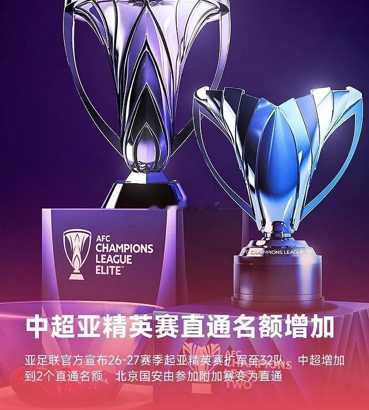 亚足联官方宣布，从26-27赛季起，将亚精英赛的参赛队扩张至32队，其中中超有2