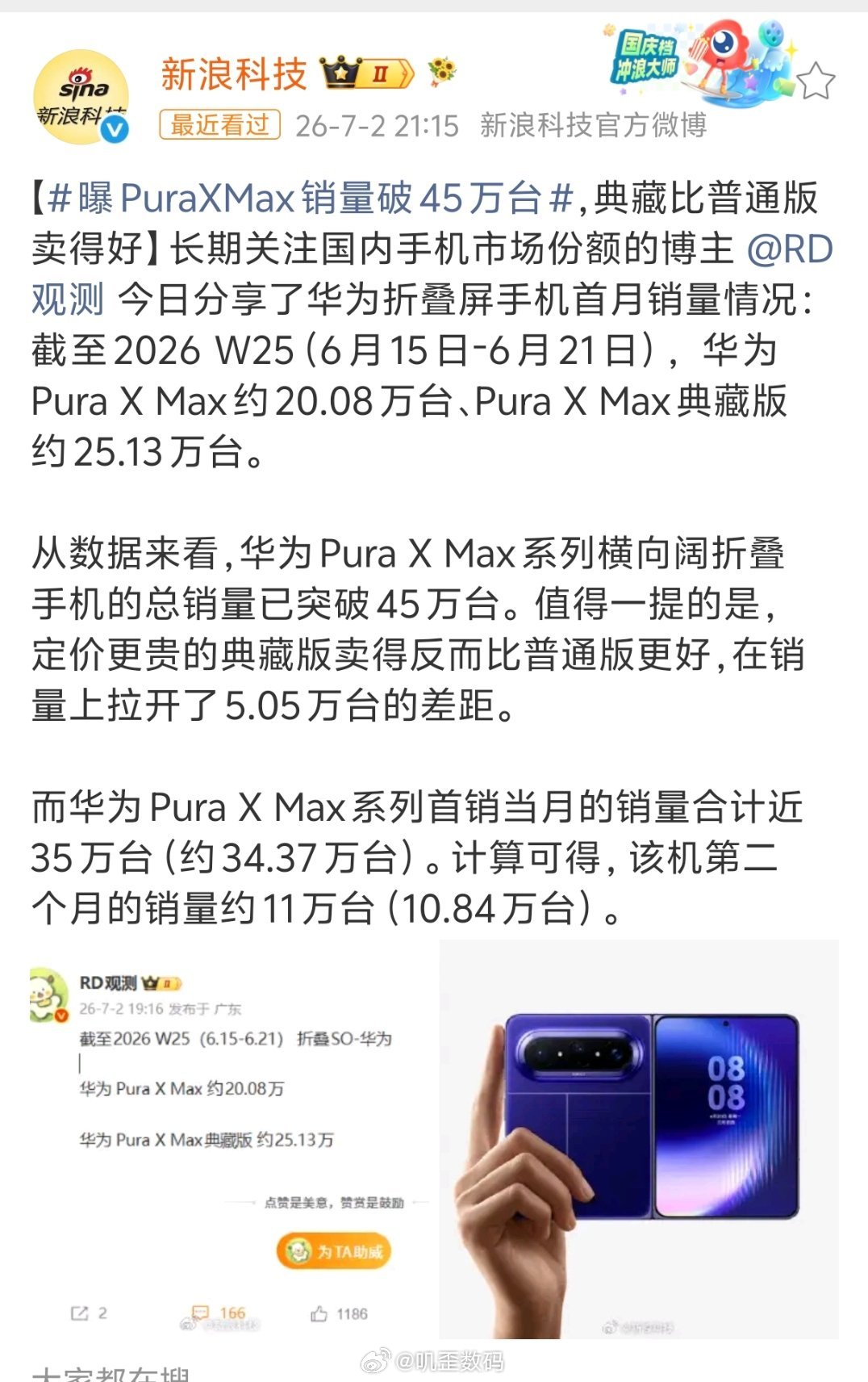 曝PuraXMax销量破45万台华为Puraxmax这销量，在折叠屏里算不错了，