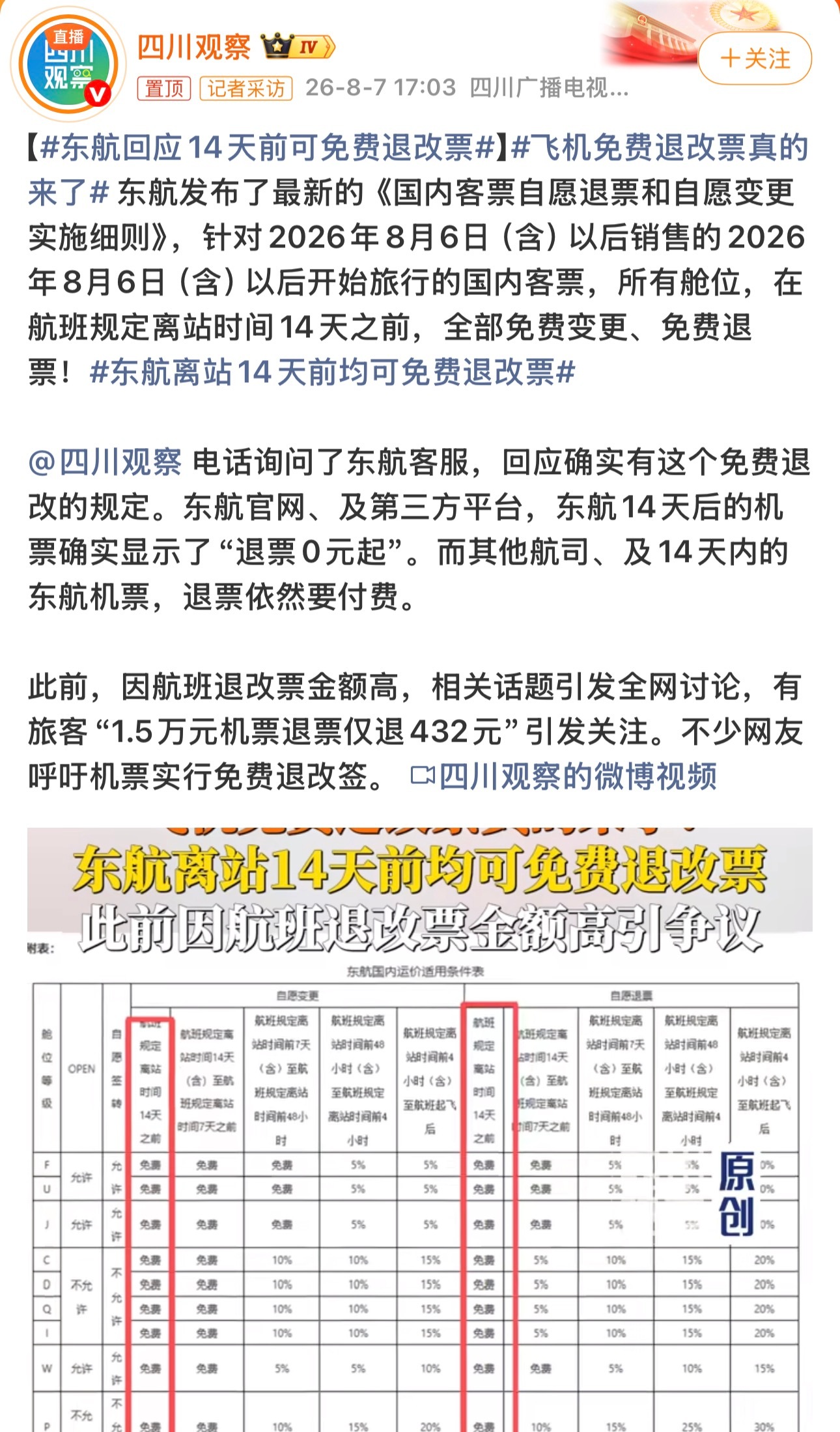 飞机免费退改票真的来了 东航也是迅速，飞机退改费用改了，14天外的退改0收费，1