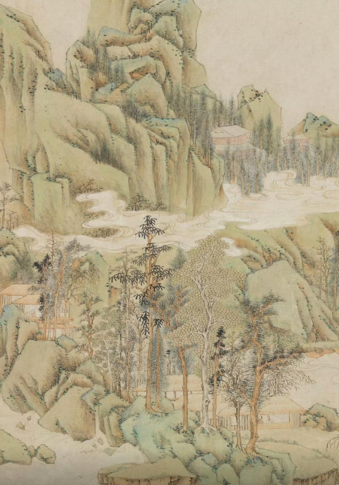 明代顾懿德所作《春绮图》，为立轴纸本青绿画作。其画面虽不算大，却处处洋溢着春天的