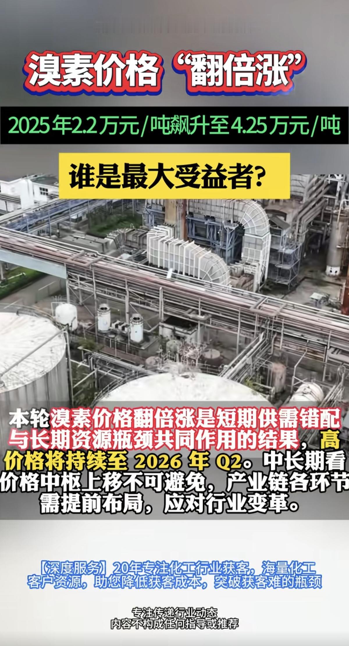 溴素价格 翻倍涨！谁是最大受益者？！

由2025年初的2.2万元/吨，飙升到现