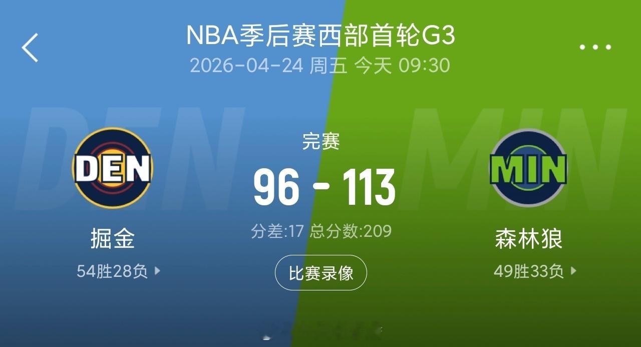 森林狼2-1掘金 道苏姆新高25+9 约基奇26中7 穆雷17中5森林狼2比1掘