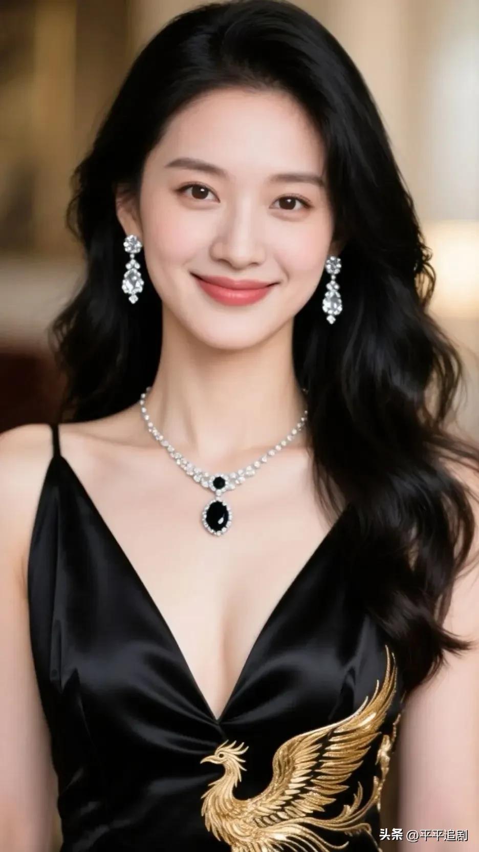 黑缎衬得鎏金凤凰熠熠生辉，钻饰与墨石勾勒出优雅锋芒，
卷发轻垂，笑靥温婉，
于光