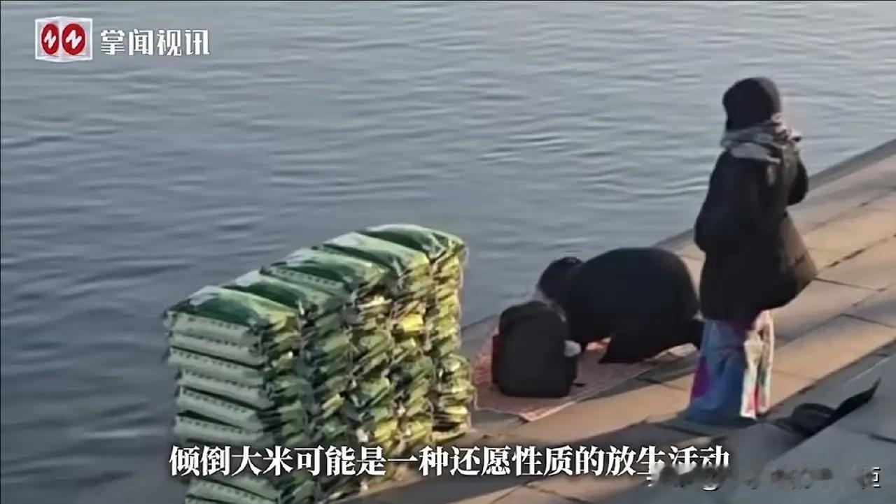辽宁丹东，再次出现往江里倾倒大米的不当行为。当地警方已经证实，这些人可能是在“还
