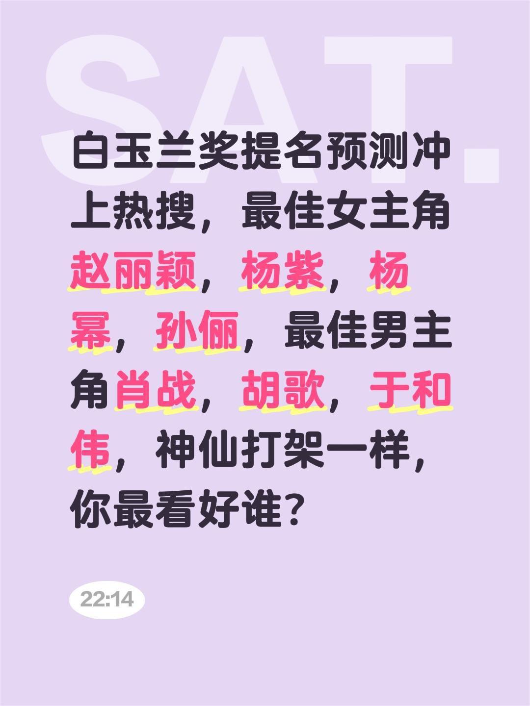白玉兰奖提名预测冲上热搜，最佳女主角赵丽颖，杨紫，杨幂，孙俪，最佳男主角肖战，胡
