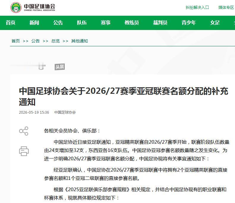 中国足协确认2026-2027赛季两级亚冠联赛递补原则
 
5月19日，中国足协