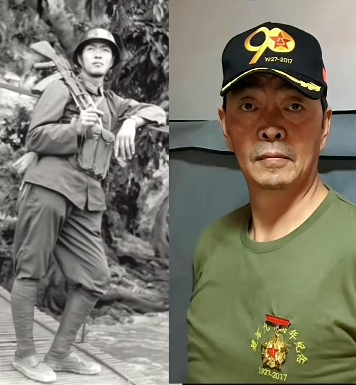 他是幸运的，那一年走下了战场。照片中肩挎冲锋枪、目光如炬，斜倚在老山前线南温河吊