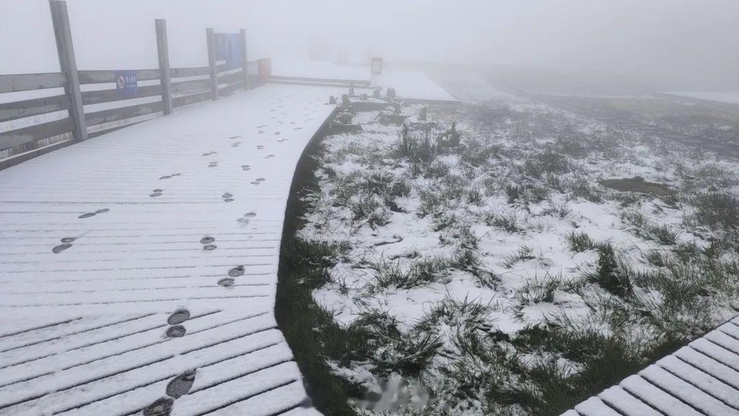 #北京下雪##北京延庆下雪了#据说是延庆小海陀山降雪，银装素裹，时值农历八月飞雪
