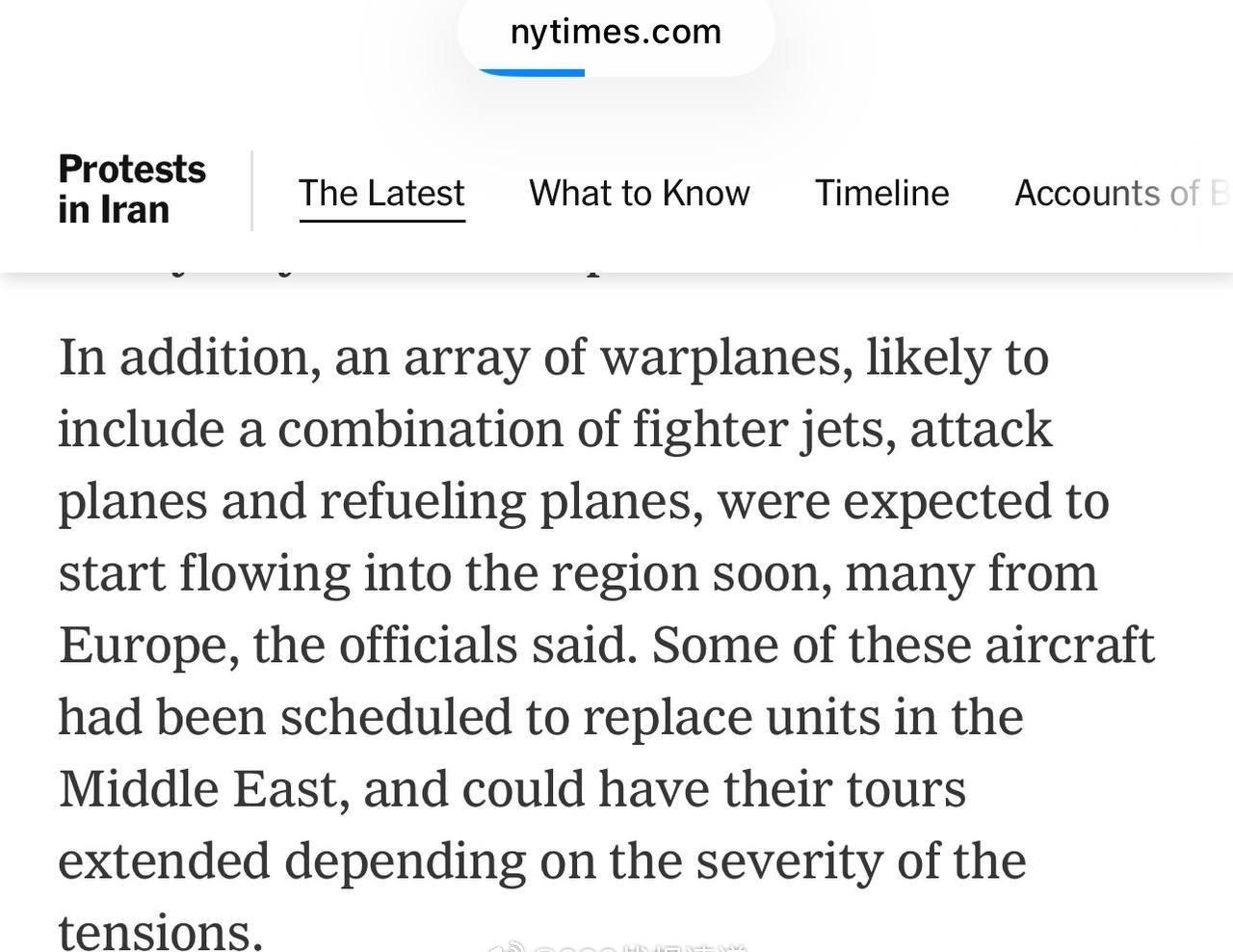 据美国《纽约时报》报道，美国空军正向中东地区调派战斗机、轰炸机和加油机，其中部分