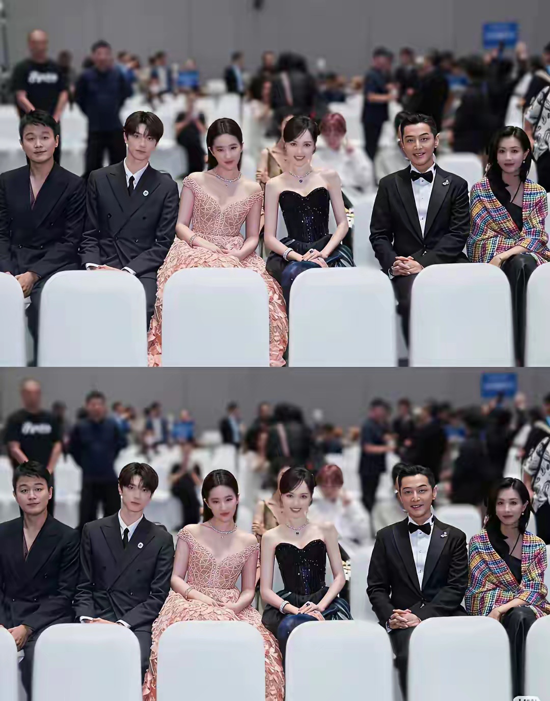 一眼就看到了坐在c位的唐嫣和刘亦菲，不管是五官气质都是绝佳 