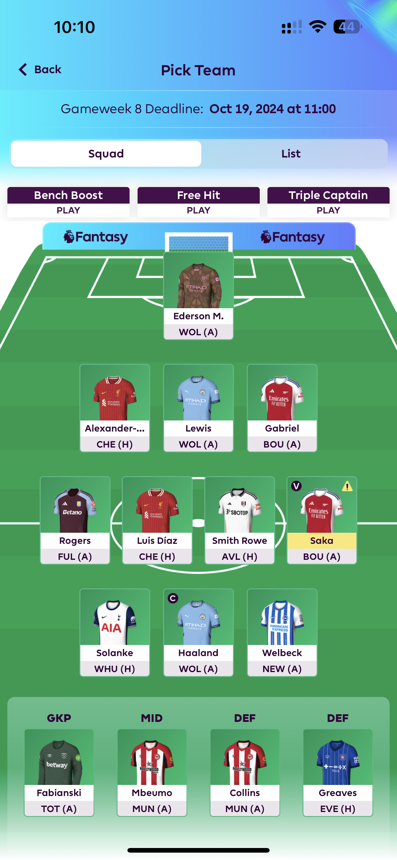 #fpl[超话]#  阵容🔒了，买了哈兰德还没怎么上分，希望这轮不要负我，在姆