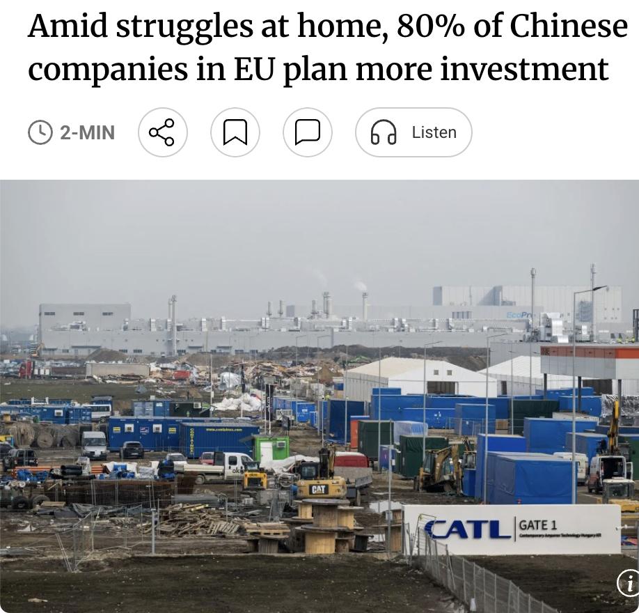 外媒：中国欧盟商会最新调查显示，约100家新能源、电动车、电池、AI等领域龙头企