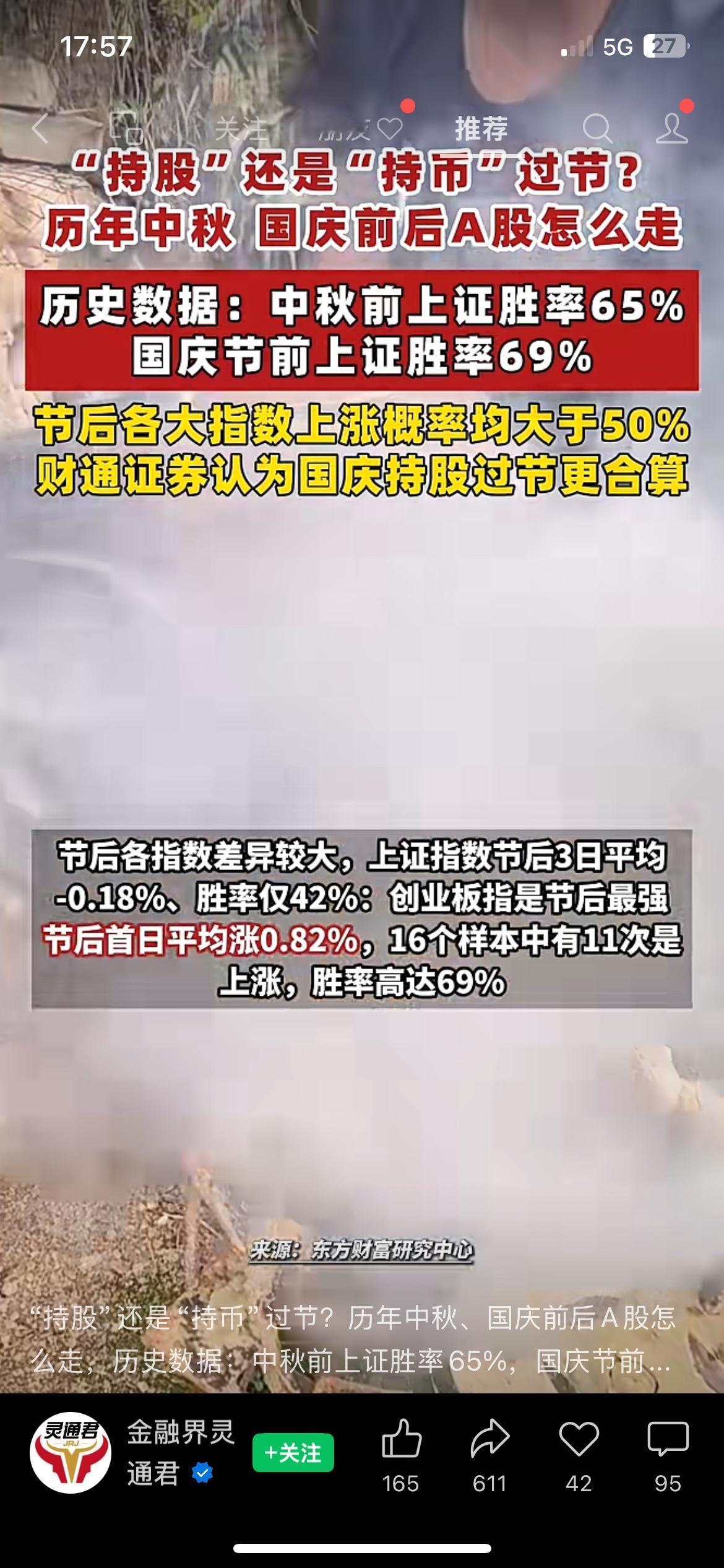 过节持股还是持币？历年A股数据给出一个参考
马上迎来中秋、国庆假期，不少股民都在