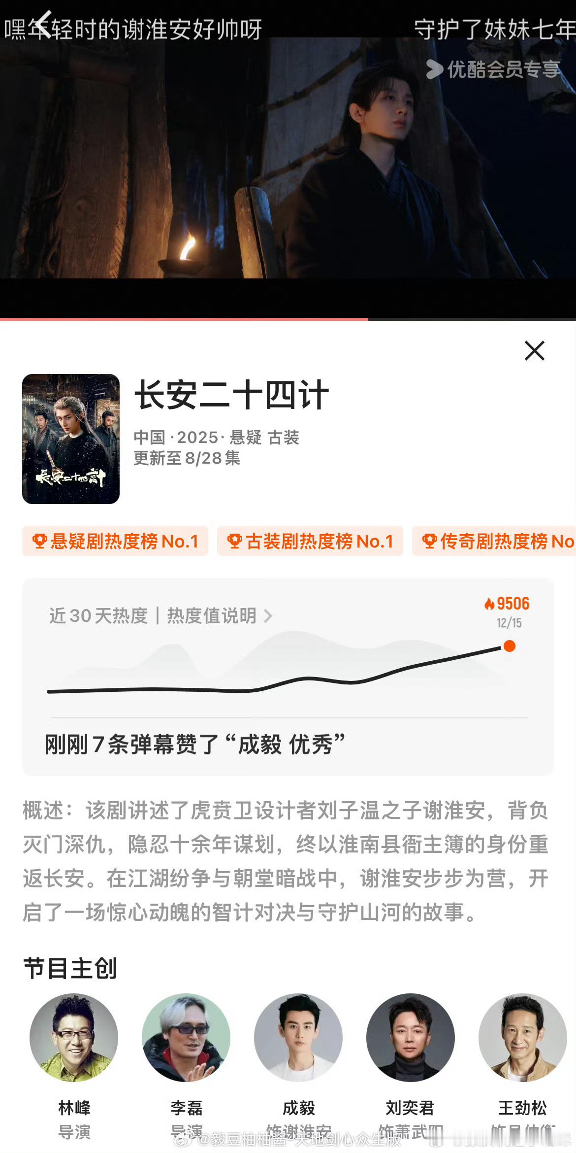 成毅《长安二十四计》优酷站内热度破9500，我打赌这会是一部长尾剧，挺好看的 