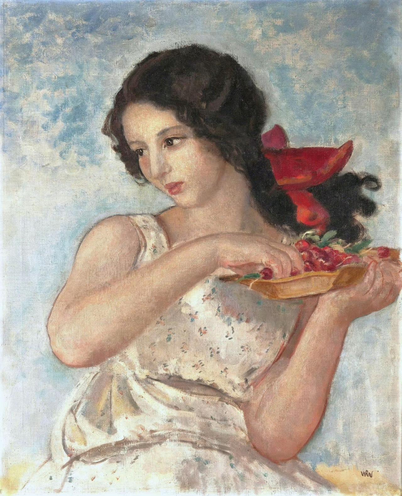 拿着樱桃的女孩，1924年，波兰画家Wojciech Weiss ​​​