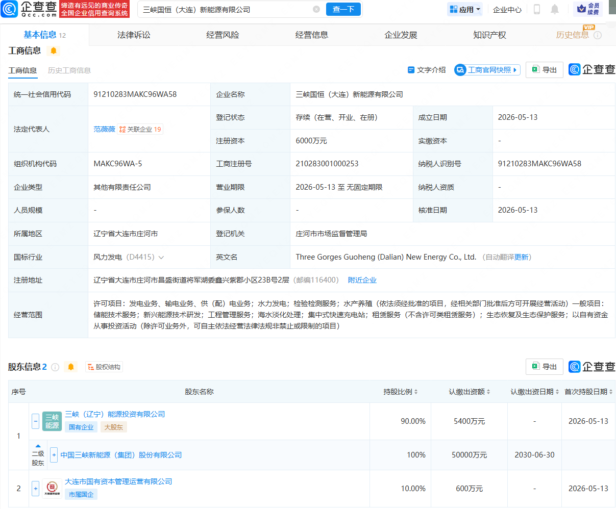 三峡能源、大连国资成立新能源公司，注册资本6000万