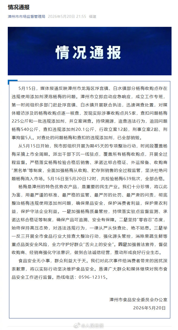 #用添加剂泡杨梅5人被刑拘#【用添加剂泡杨梅！#漳州启动45天杨梅专项整治# 5
