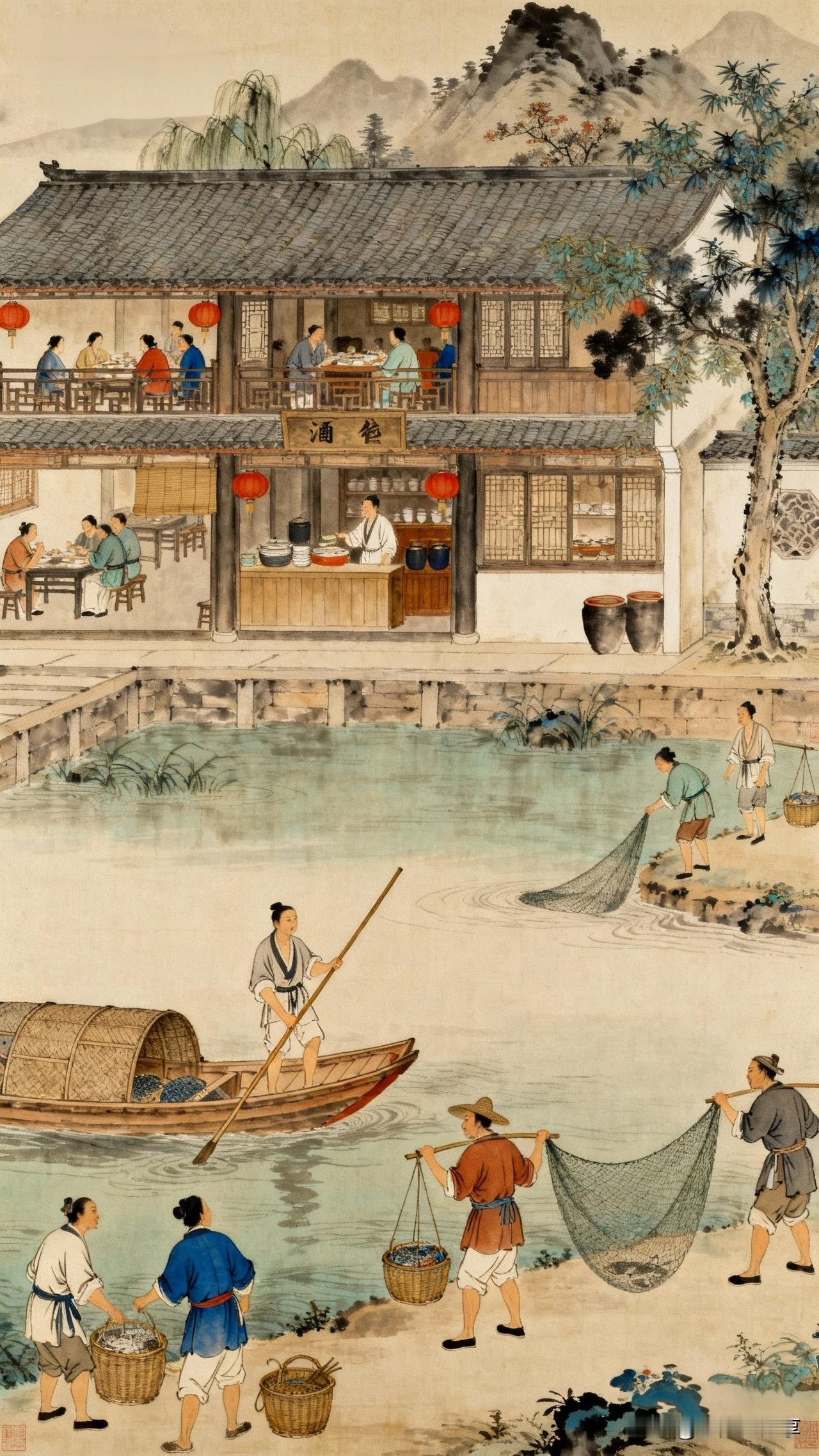 鹧鸪天·水乡酒肆

画栋朱帘映碧流，
红灯高挂醉双眸。
楼头客满欢声沸，
水面舟