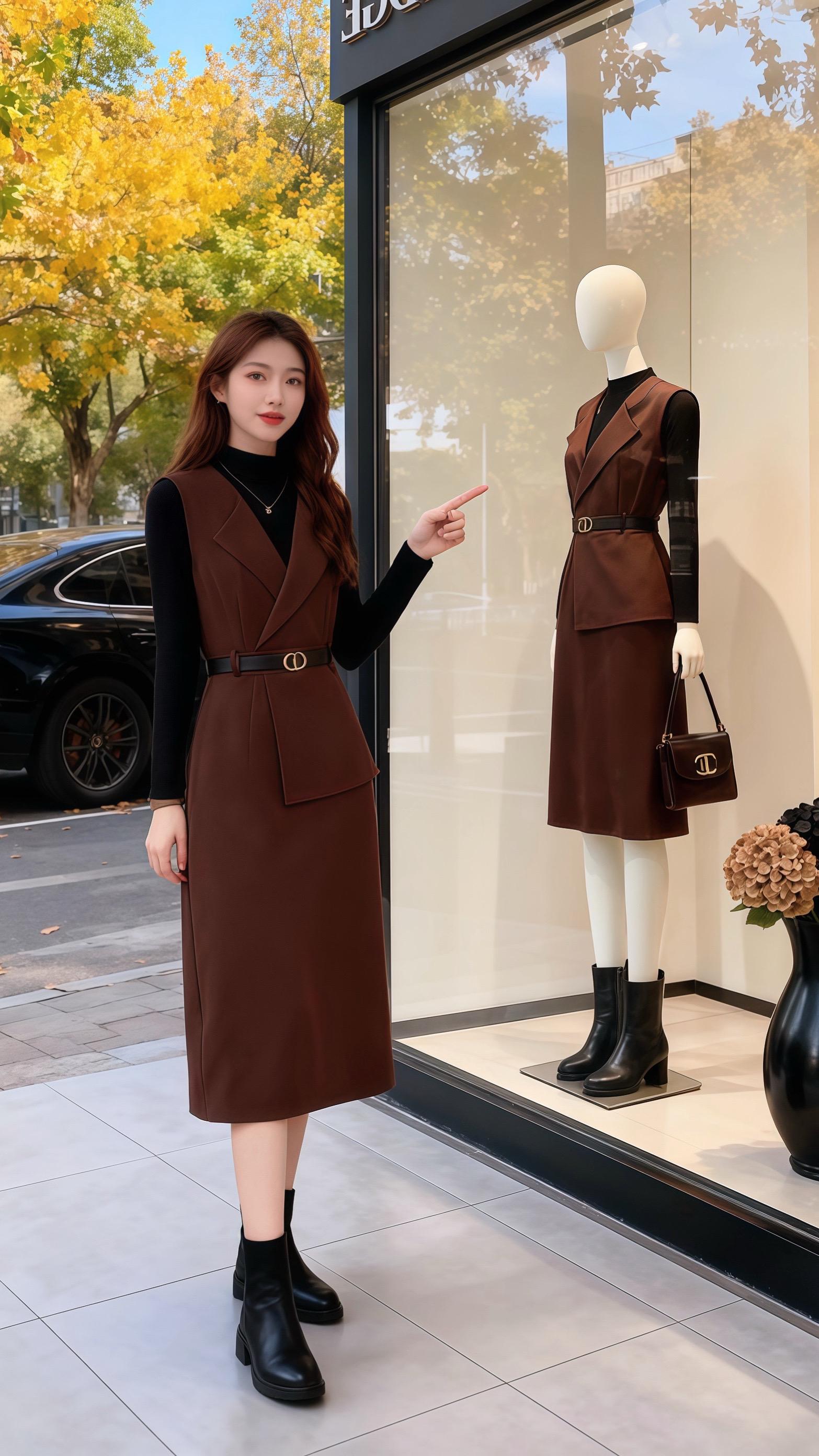 焦糖棕风衣裙：秋雪都为她慢了半拍。深秋的梧桐叶刚落满街，林晚推开橱窗门...
