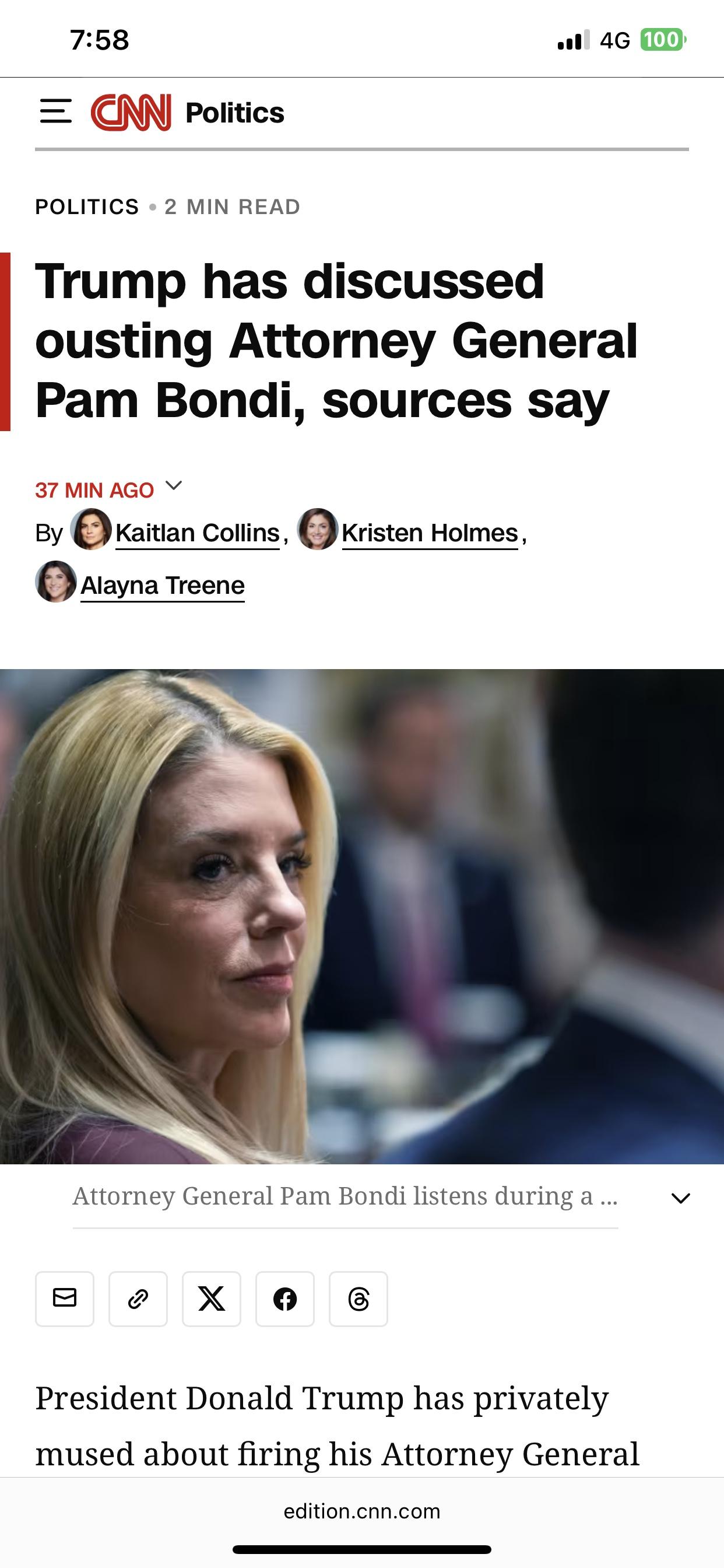 美媒：特朗普炒掉的下一个人或是司法部长邦迪

美国有线电视新闻网(CNN)官网4