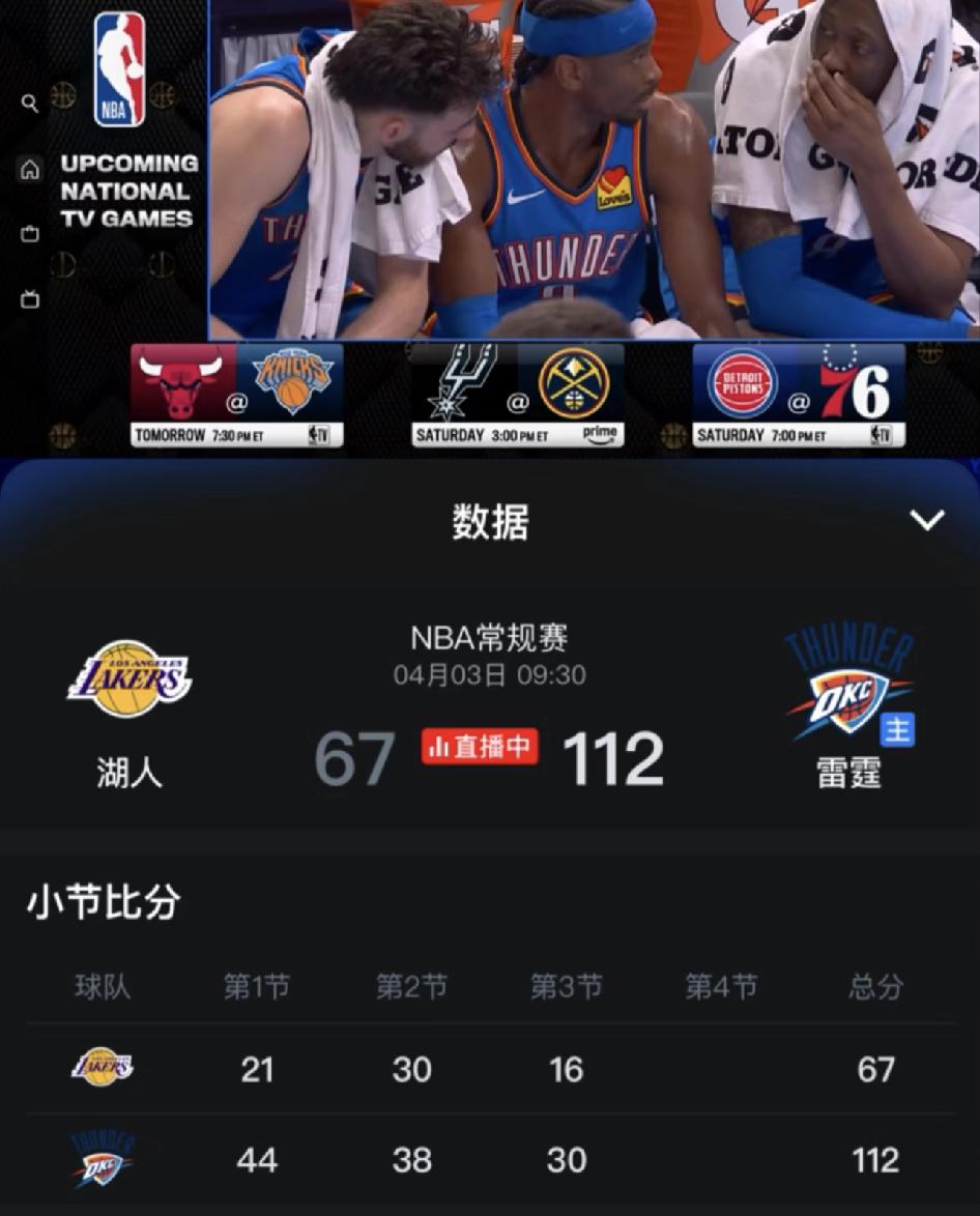 湖人雷霆

本以为是火星撞地球，一场激烈的比赛。没想到半节时间就结束战斗了。湖人