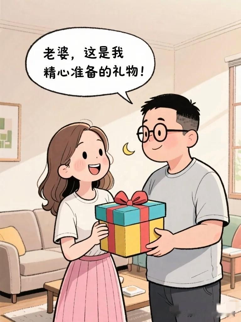 搞笑漫画：老婆生日老公捧着一个大盒子深情道：“这是我精心准备的礼物！”老婆拆一层