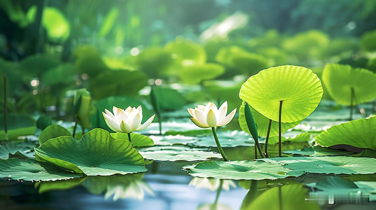 一池碧叶，半亩荷香。晨光里，粉荷垂露，白荷凝霜，在水波里漾开温柔的涟漪；暮色下，