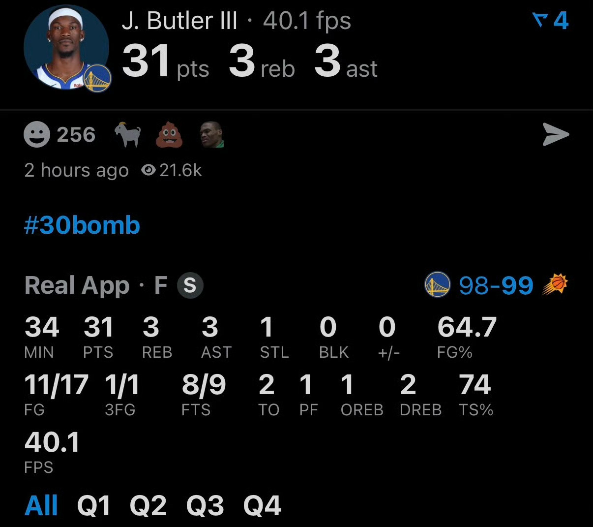 吉米今天的数据📊17投11中，一个关键的绝平三分球，罚球9中8，拿下31分3板