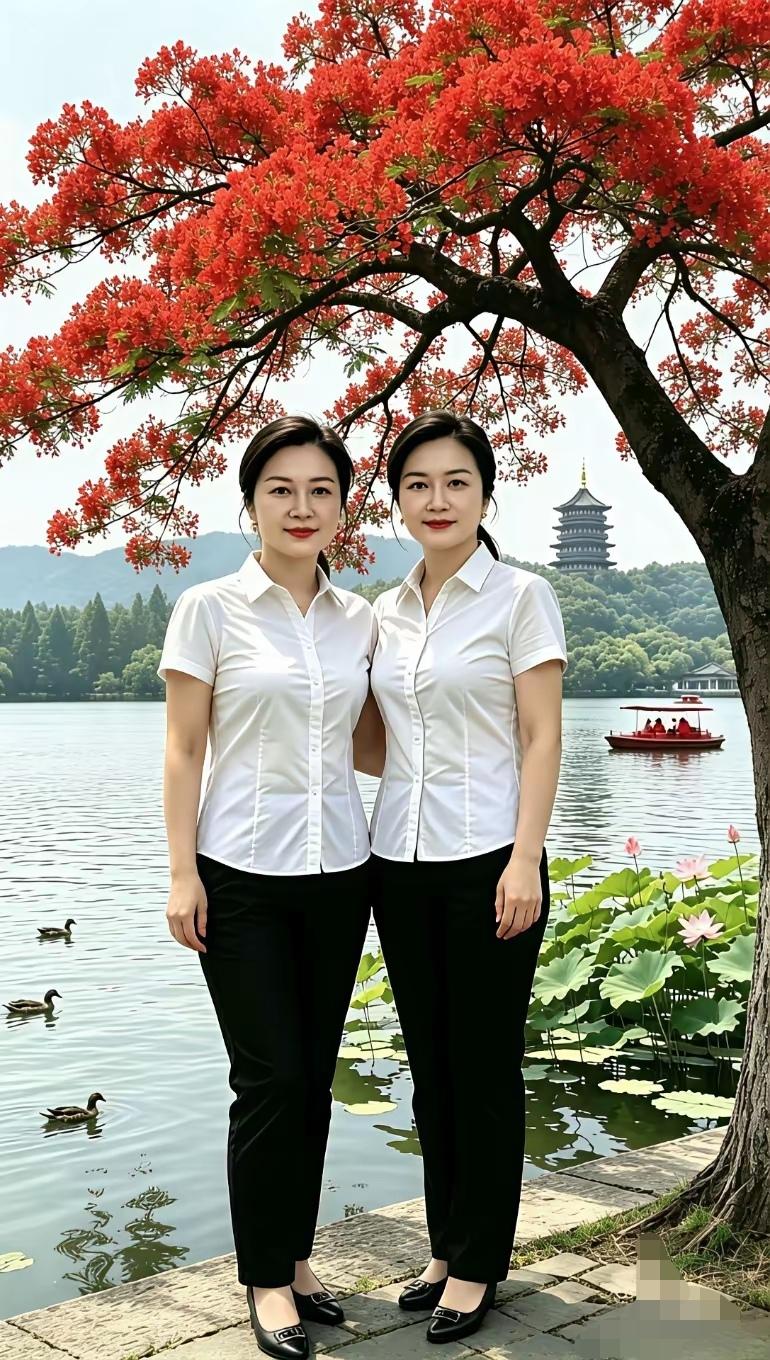 荷花池边的两个美女成了一道非常靓丽的风景线