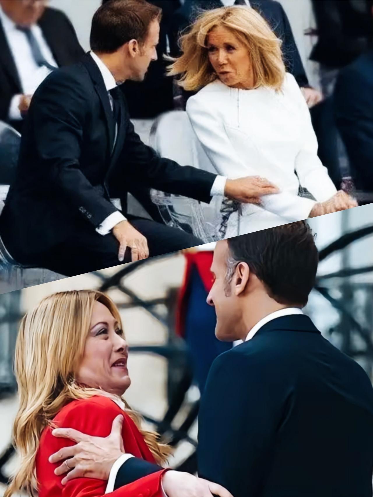 梅洛尼的表情可以看出，是不是被马克龙的热情给吓到了啊？
马克龙面对妻子布丽吉特时