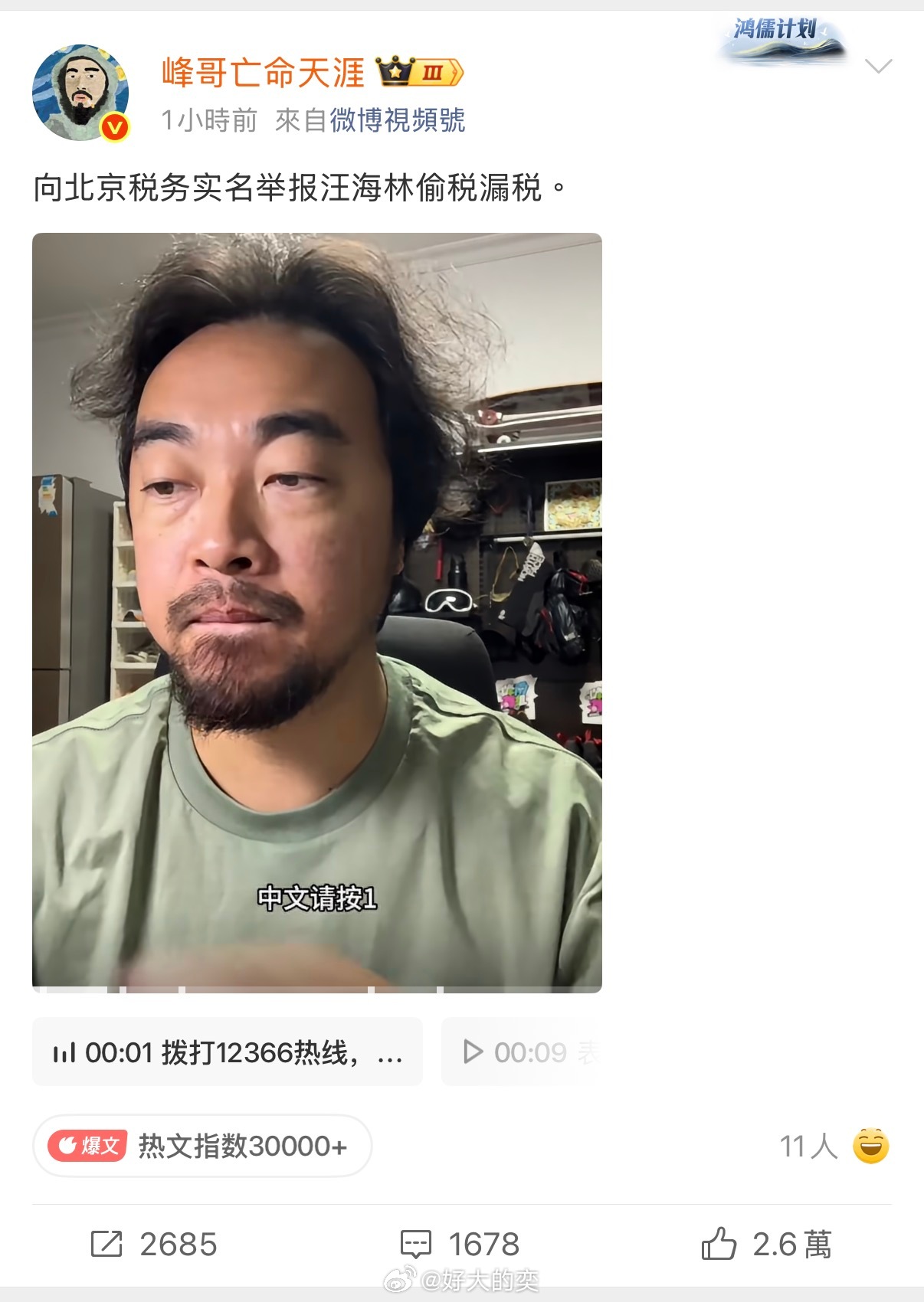 哎呀妈，峰哥实名举报汪海林偷税漏税。说是对私把稿费打到海外帐户上去了，绕开了国内