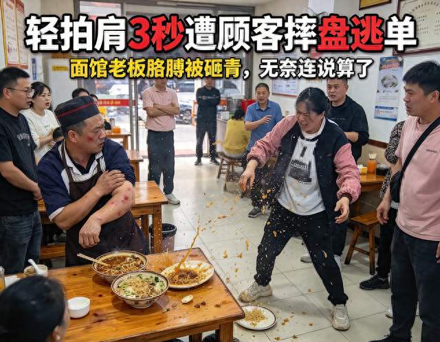 轻拍肩3秒遭顾客摔盘逃单，面馆老板胳膊被砸青，无奈连说算了