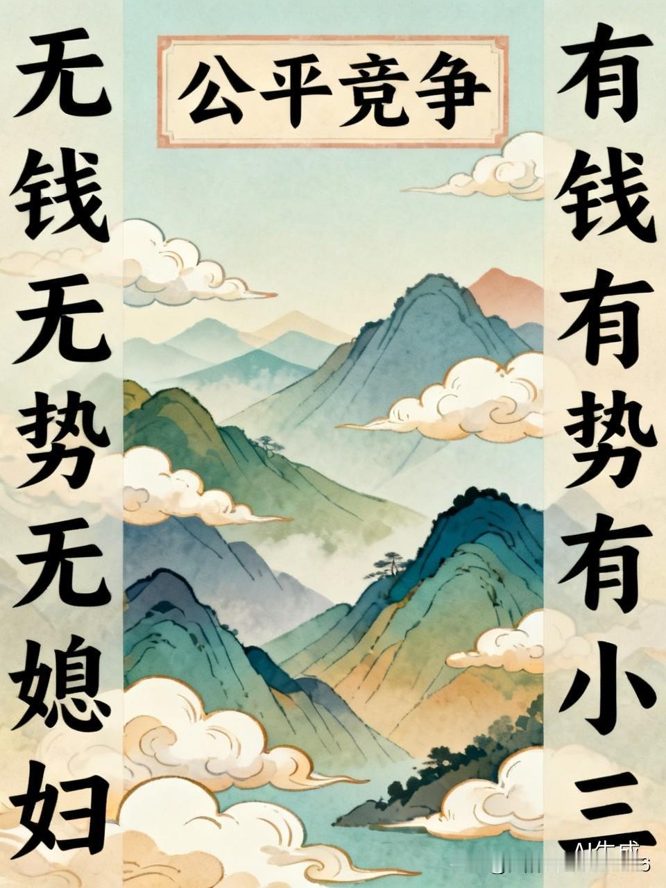 上联:无钱无势无媳妇
下联:有钱有势有小三
横批:公平竞争
