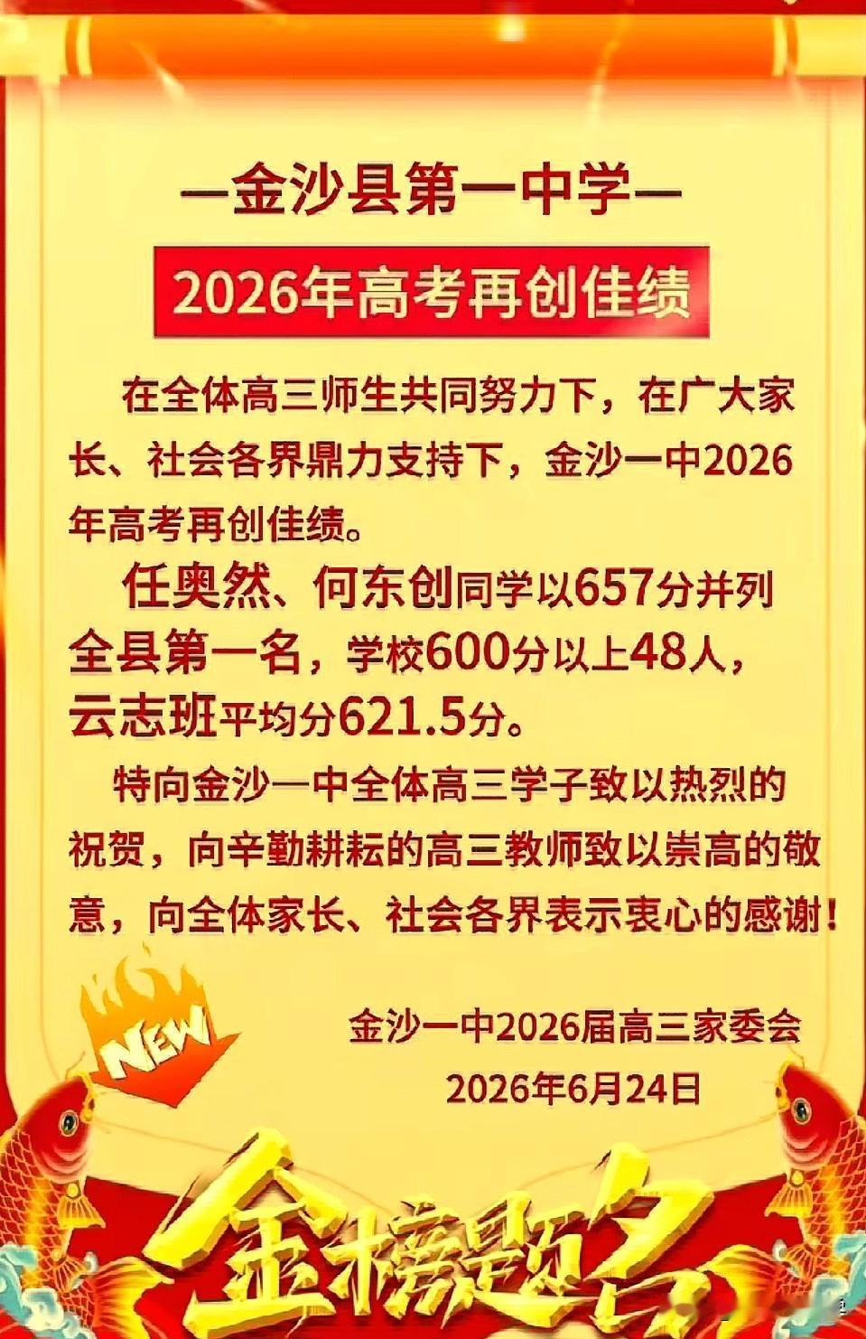 毕节市金沙一中2026年高考600分以上48人，最高分651分。
高考
