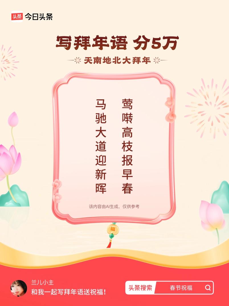 写拜年语送祝福新春拜年送祝福！我的祝福是：“马驰大道迎新晖，莺啭高枝报早春”！快