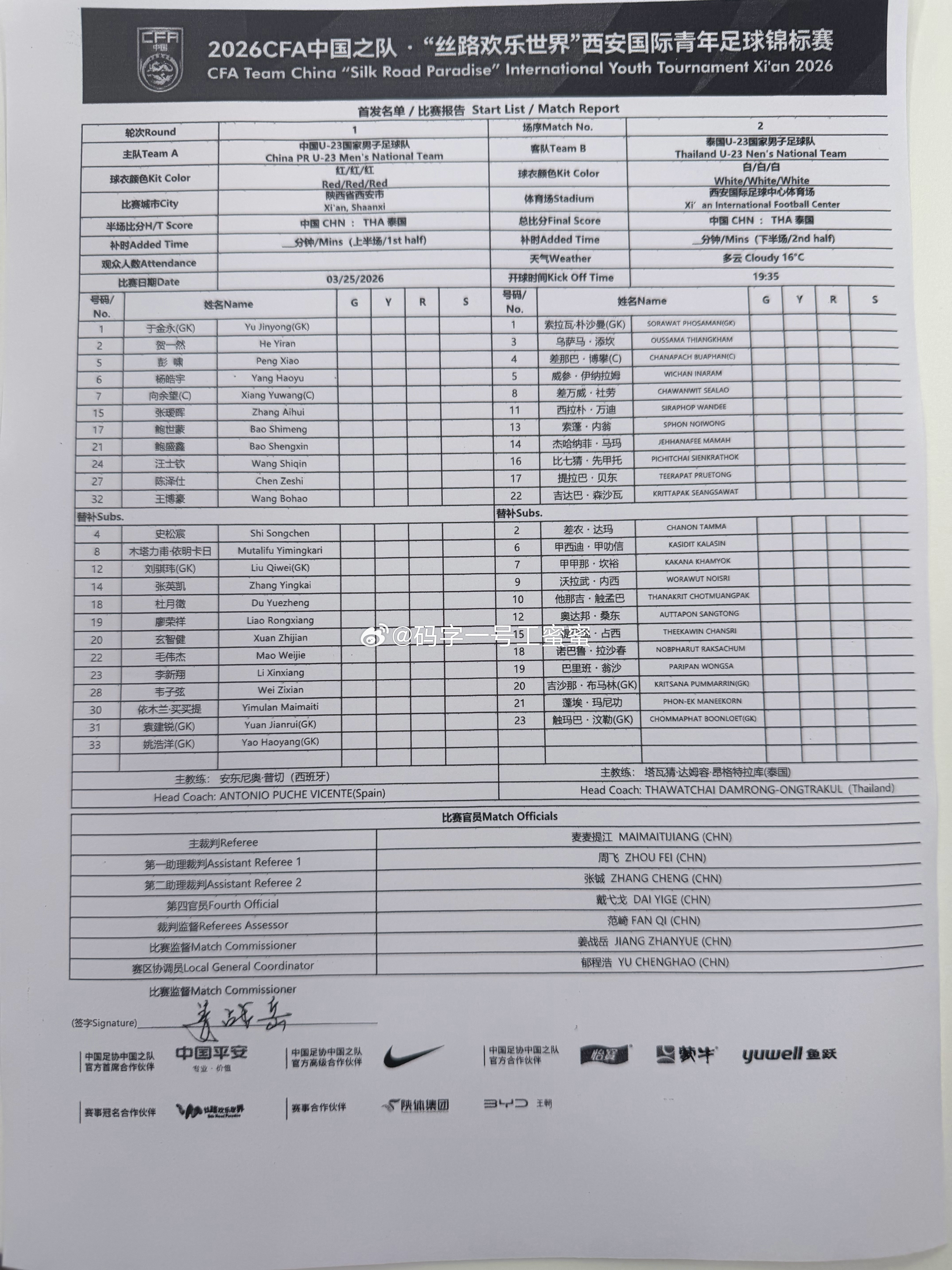 中国u23男足vs泰国u23男足首发 